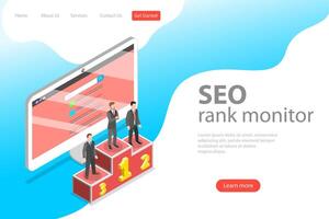 Flat isometric landing page template of seo ranking monitor. vector