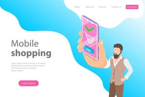 Flat isometric landing page template for online shopping, mobile store. vector