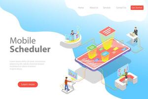 Flat isometric landing page template of mobile scheduler vector