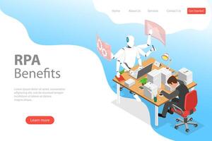 Isometric flat landing page template of RPA vs manual labor. vector