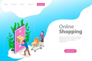 Flat isometric landing page template for mobile shopping, e-commerce. vector