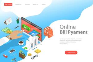 Flat isometric landing page template of bill payment, shopping. vector