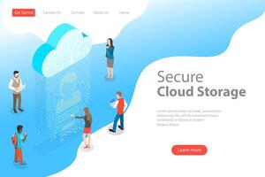 Flat isometric landing page template of secure cloud storage, big data. vector