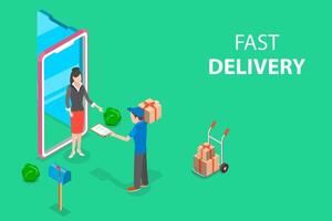 Isometric flat concept of fast delivery service, courier service. vector