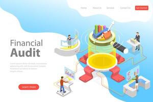 Flat isometric landing page template of financial audit service. vector