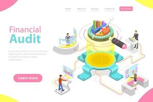 Flat isometric landing page template of financial audit service. vector