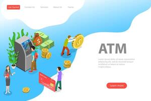 Isometric flat landing page template of ATM, bank card. vector