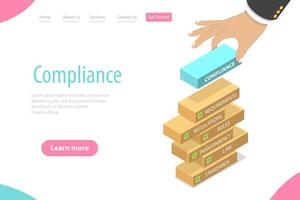 Isometric flat landing page template of regulatory compliance. vector