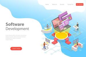 Flat isometric landing page template of software development. vector