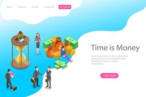 Flat isometric landing page template for time is money, income growth. vector