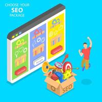 Flat isometric concept of SEO package choosing, search engine ranking. vector