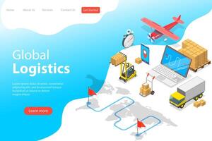 Flat isometric landing page template of global logistics. vector