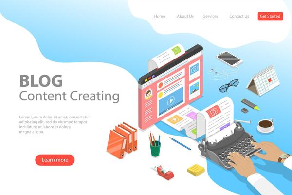 Isometric flat landing page tempate of creative business blogging.