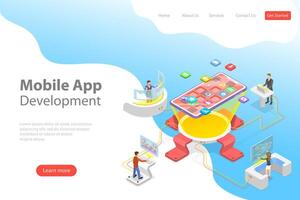 Flat isometric landing page template of mobile app development. vector