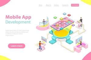 Flat isometric landing page template of mobile app development. vector