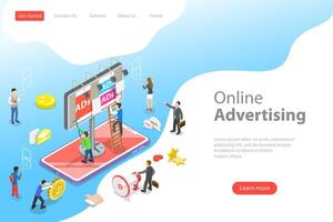 Flat isometric landing page template of mobile advertising. vector