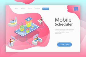 Flat isometric landing page template of mobile scheduler vector