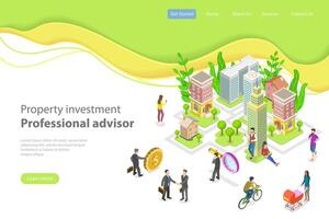 Isometric flat landing page template. Investment in property. vector