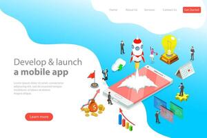 Flat isometric landing page templare of mobile app launch. vector