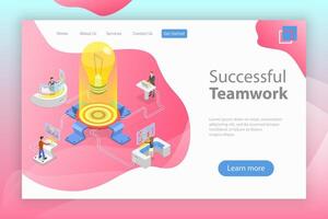 Flat isometric landing pagte template of effective teamwork. vector