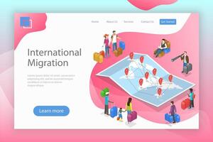 Isometric flat landing page template of international migration. vector