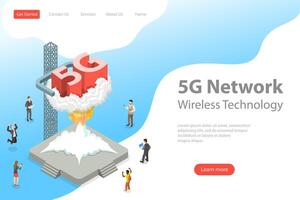 Isometric flat landing page template of 5G , global wireless network. vector