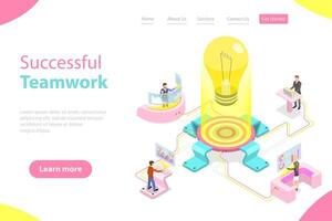 Flat isometric landing pagte template of effective teamwork. vector