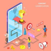 Isometric flat concept of gamification, interactive content. vector