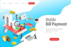 Flat isometric landing page template of online bill payment, shopping. vector