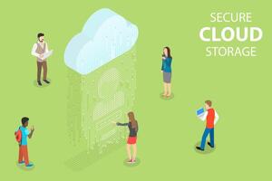 Flat isometric concept of secure cloud storage, big data. vector