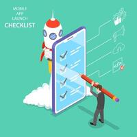 Flat isometric concept for mobile app launch checklist. vector