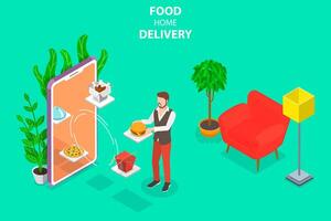 isométrica plano concepto de comida hogar entrega, en línea ordenando vector