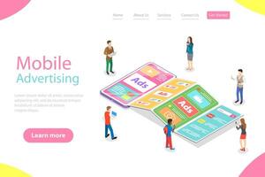 Flat isometric landing page template of mobile advertising. vector