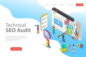 Isometric flat landing page template of technical SEO audit. vector