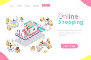 Flat isometric landing page template of easy shopping, e-commerce. vector