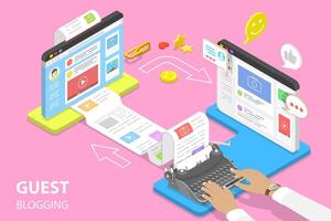Isometric flat concept of guest blogging, commercial blog posting. vector