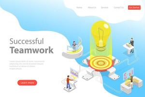 Flat isometric landing pagte template of effective teamwork. vector