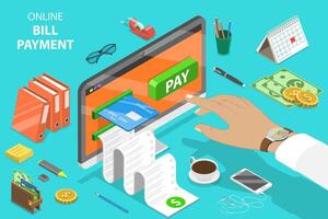 Flat isometric concept of bill payment, shopping, online banking. vector