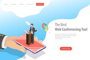 Isometric flat landing pate template of online conference. vector