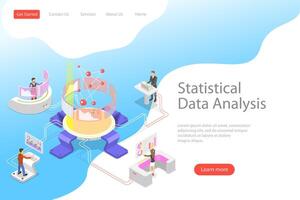 Flat isometric landing page template of statictical data analysis. vector