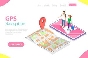 Isometric flat landing page tempate of mobile pgs navigation, city map. vector