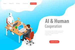 Flat isometric landing page template of robot and human cooperation. vector