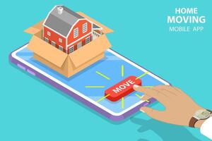 Isometric flat concept of home moving mobile order, relocation service. vector