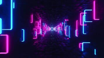 A long, dark hallway with purple and blue neon lights on both sides of it. Looped animation video