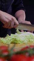 Cook is cutting fresh Chinese cabbage with a sharp knife on a wooden cutting board. In the foreground, there are several juicy, ripe tomatoes. Vertical. Close up. 4k video