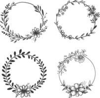 floral round line frames wedding invitation element black color only vector