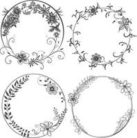 floral round line frames wedding invitation element black color only vector