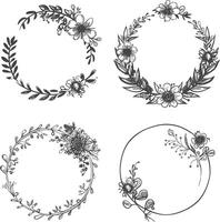 floral round line frames wedding invitation element black color only vector