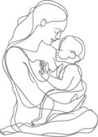 One continuous line drawing of mother holding baby black color only vector