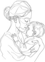 One continuous line drawing of mother holding baby black color only vector